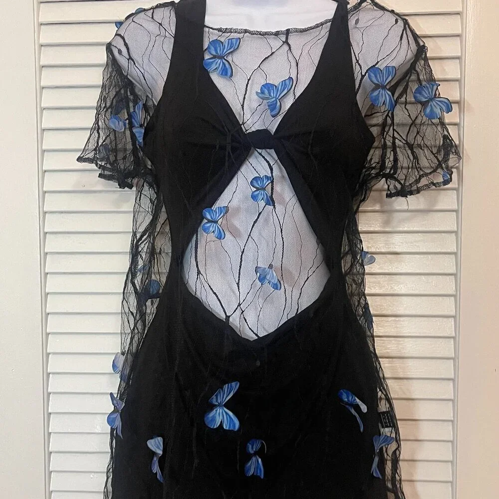 SHEIN Sheer Butterfly Mesh Top Black Blue Size S Y2K - Picture 1 of 7